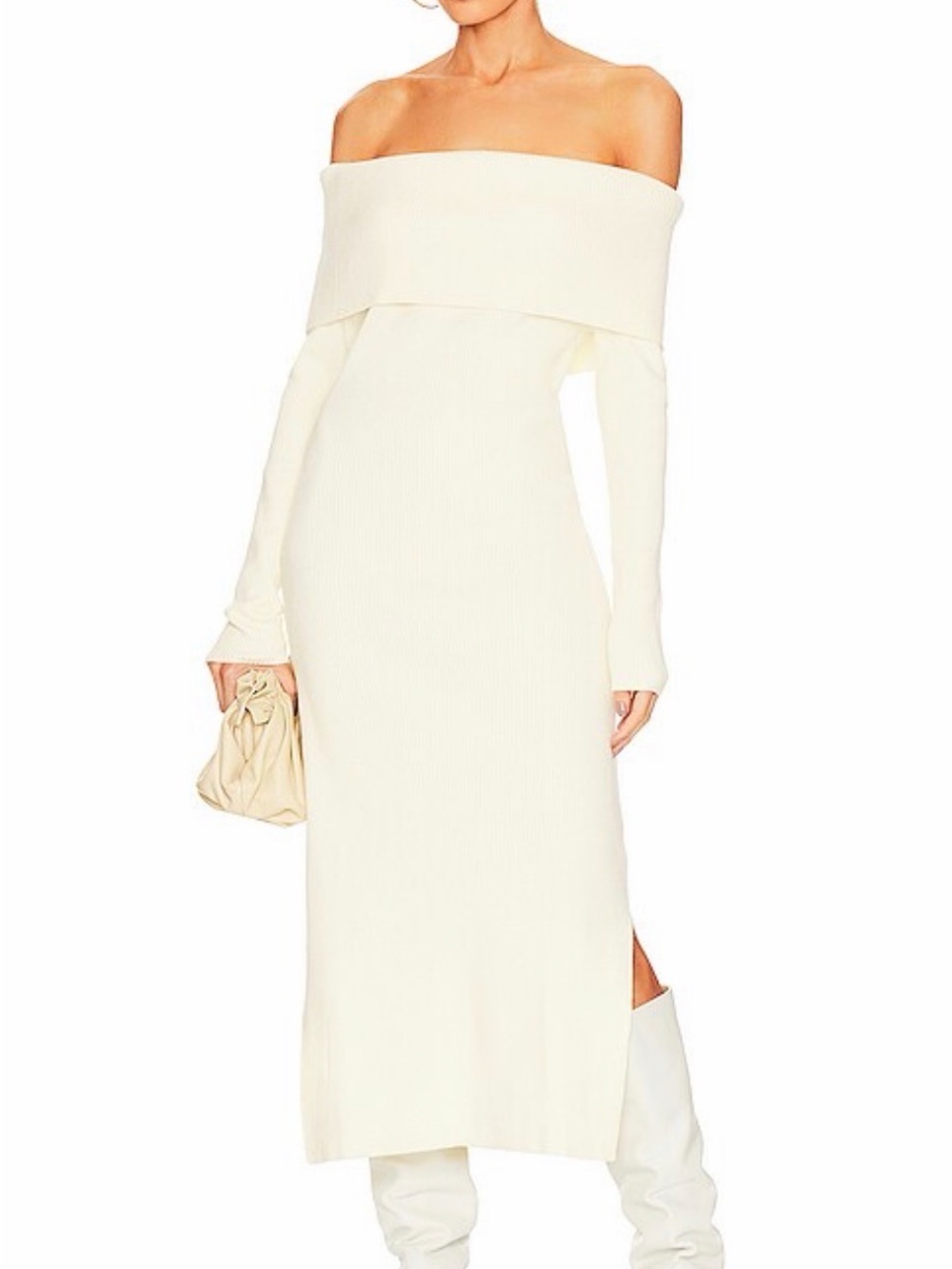 Callahan Off-Shoulder Cream Ribbed Midi Dress